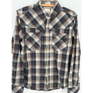 BKE Mens Distressed Western Plaid Button-Down Shirt Small 100% Cotton Blue/Brown
